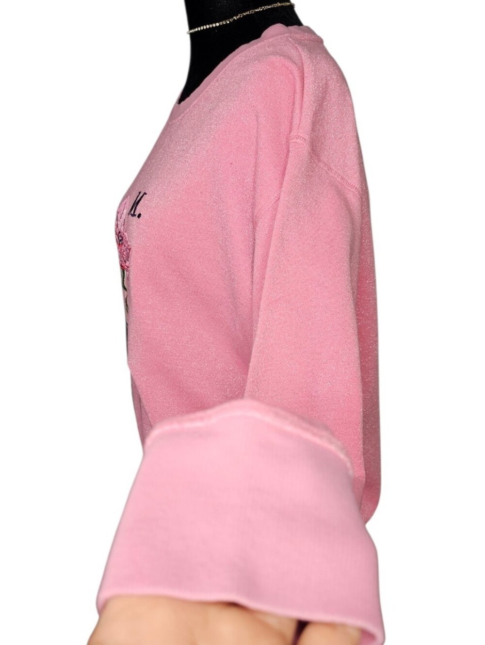 H&M Pink Metallic Shimmer Embroidered Poppy Floral Ribbon Sweatshirt L - Picture 2 of 6